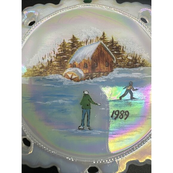 VTG Fenton Snowflake 1989 Ice Skating Barn  Water Wheel Snowy Christmas Ornament - Picture 4 of 8